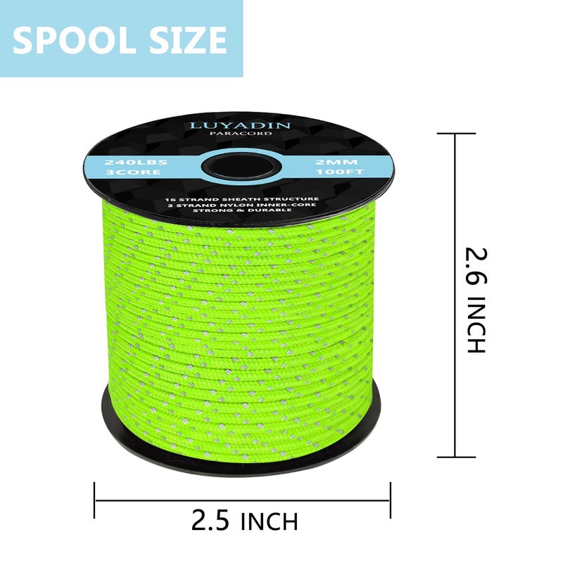 LUYADIN Reflective Paracord 240lb - Diameter 2mm Micro Utility Cord -3 Strand Parachute Spool Cord - 100ft 200ft,Paracord for Camping,Hiking,Fishing,Outdoor and DIY - Image 2
